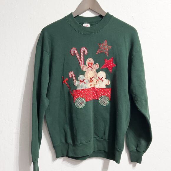 Vintage Sweatshirt Crewneck M Gingerbread Patch Green Grandma Christmas Holiday - Picture 1 of 5